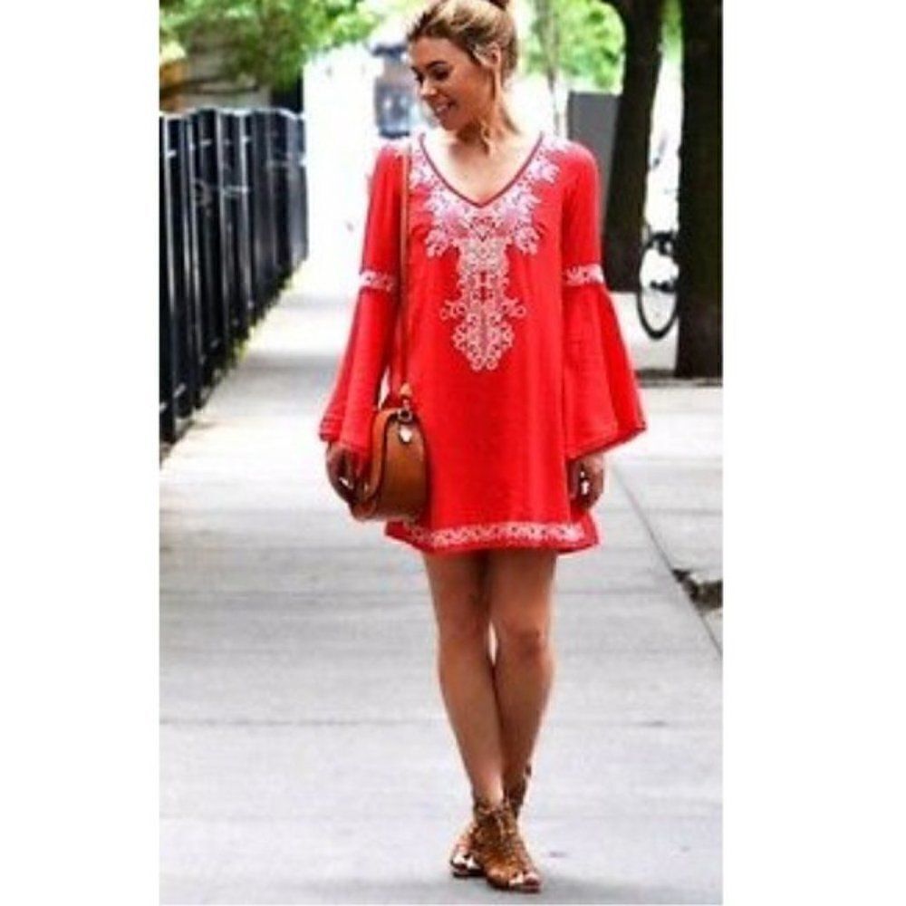 Flying Tomato Boho Bell Sleeve Dress Red Size Sm